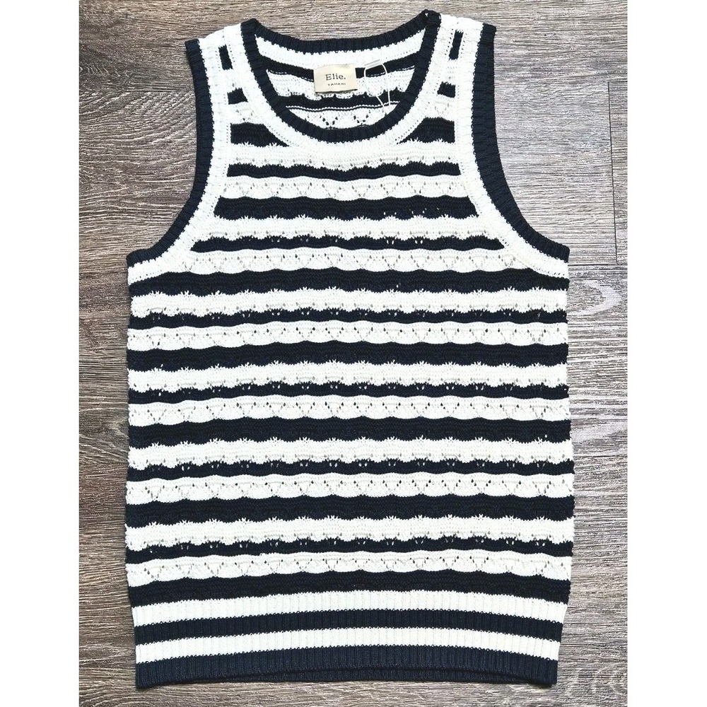 Elie Tahari Stripe Sleeveless Knit Sweater Tank Top Ivory/Dark Navy Blue Medium